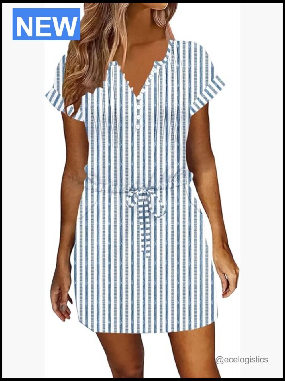 Women's Short Sleeve Drawstring Waist Swing Dress with Pockets
